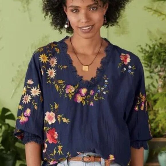Sundance Tops - Sundance Floral Embroidered Navy Top
